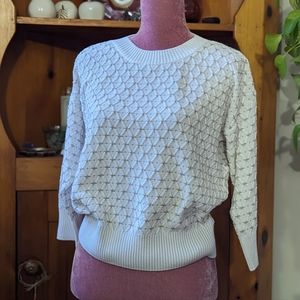 Scovhuus knit crew neck sweater, cream and tan, size medium.